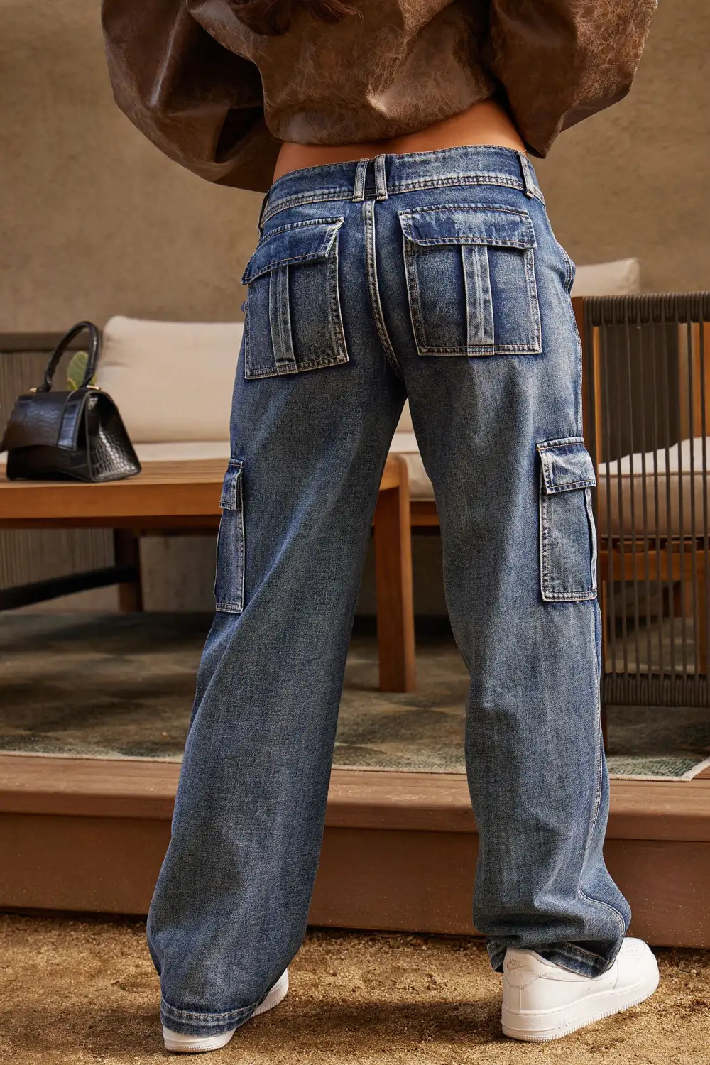 All Day All Night Mid Rise Cargo Jeans - Medium Blue Wash