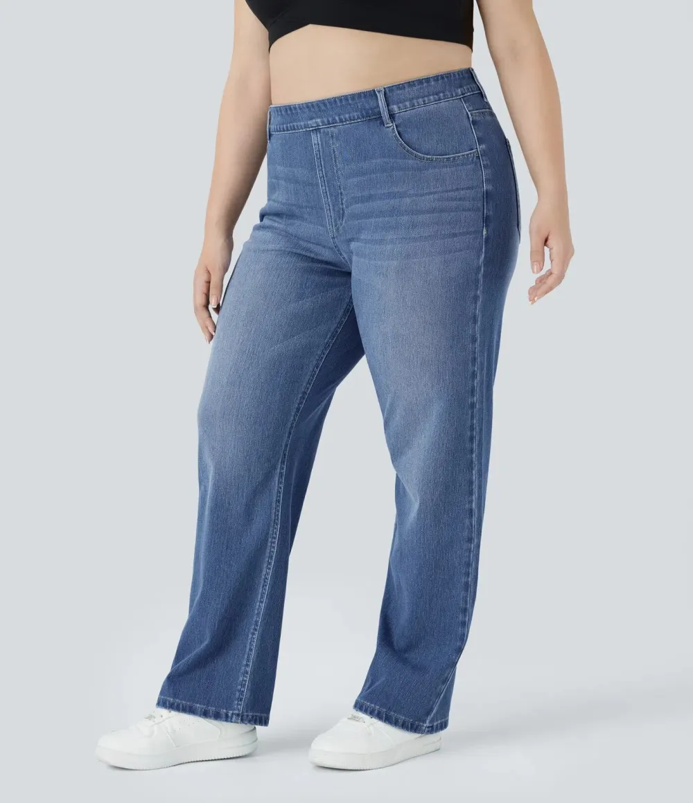 High Waisted Multiple Pockets Straight Leg Washed Stretchy Knit Casual Jeans