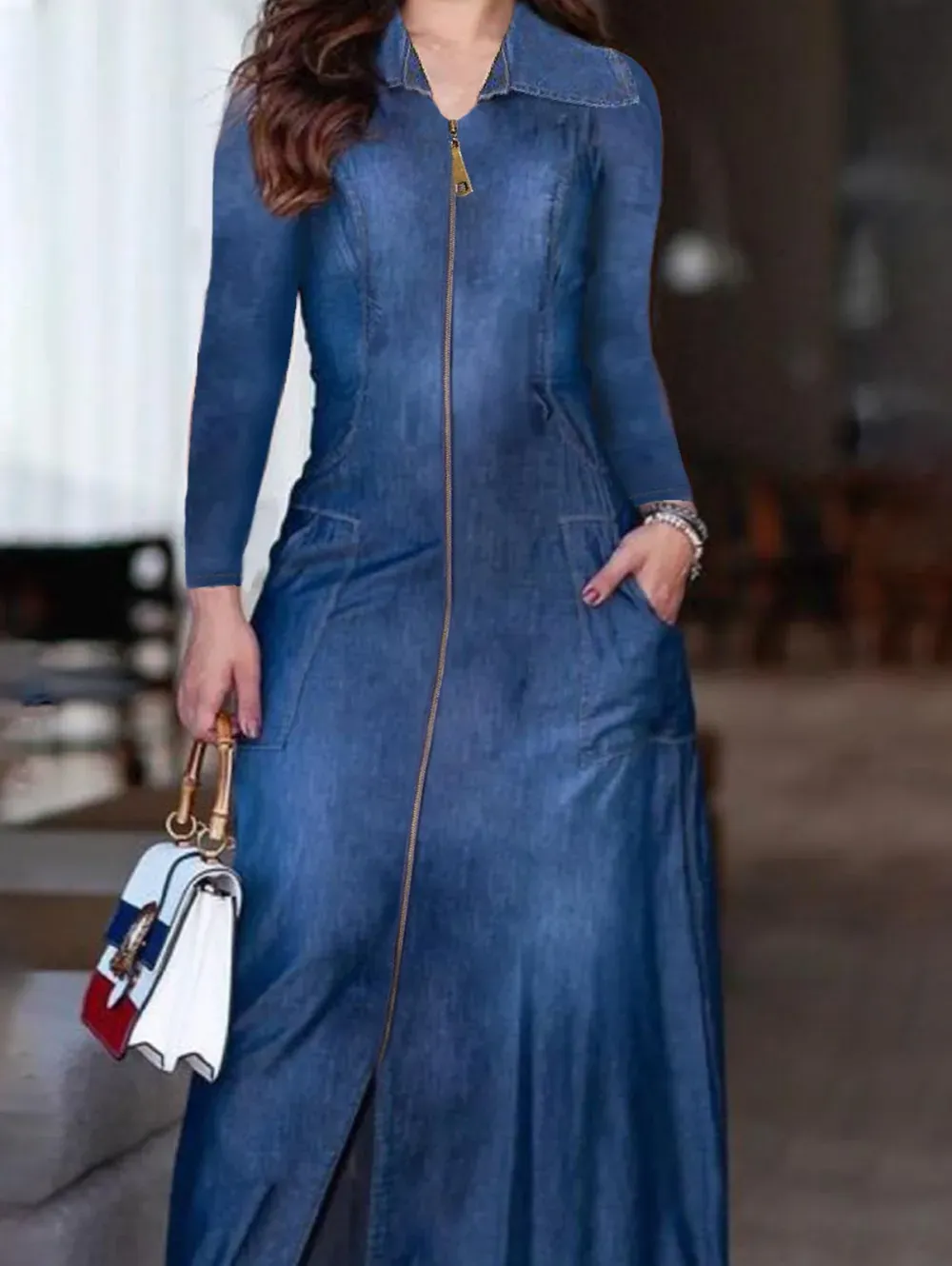 Ursime Turndown Collar Zipper Split Pockets Long Sleeve Denim Maxi Dress