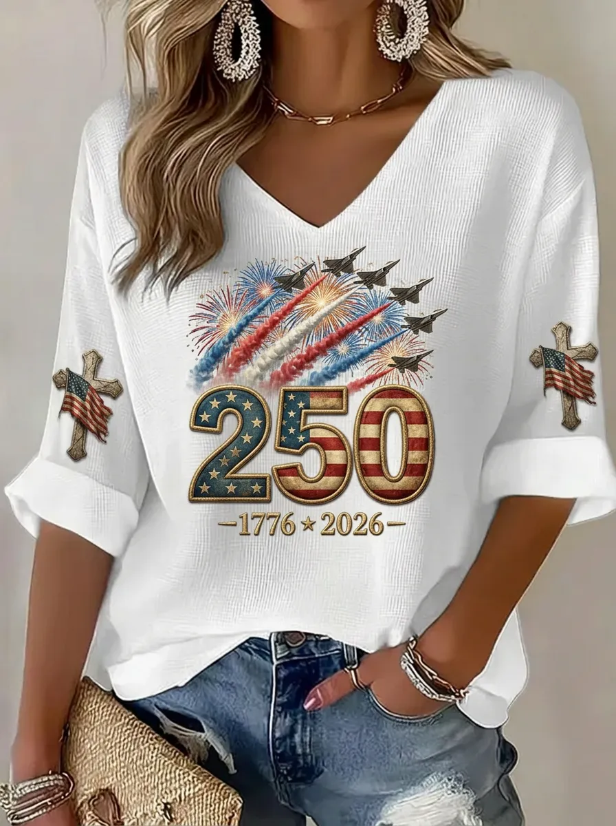 Women's USA 250th Anniversary Patriotic Jet Cross Printed V-neck Top