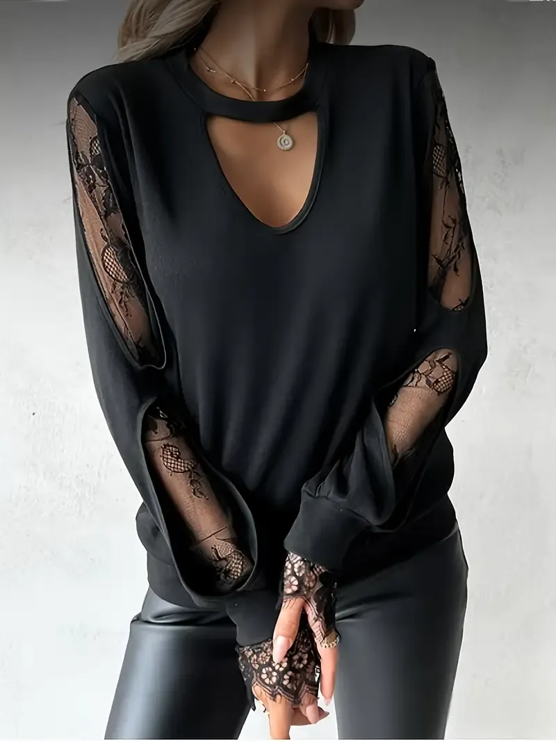 Women'S Keyhole Cutout Lace Long Sleeve Top, Casual Notched Collar Knit Polyester and Spandex Blend, Solid Color Contrast Detail for Spring/Summer/Fall