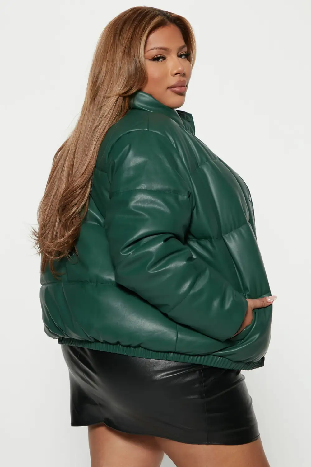 Upgrade You Faux Leather Puffer Jacket - Hunter