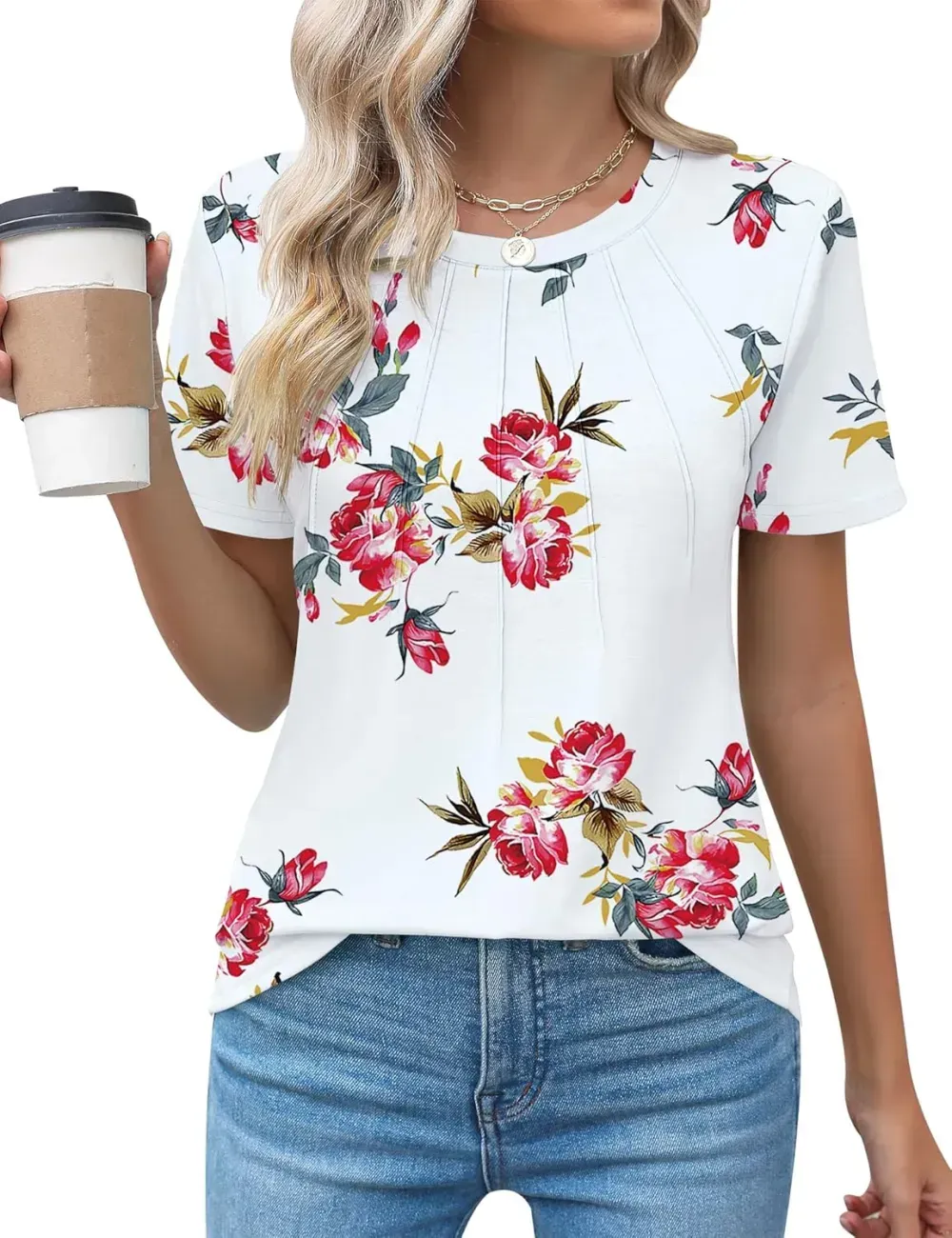 Kistore Womens Casual Crew Neck Short Sleeve Pleated Tops Blouses Fashion Clothes 2024