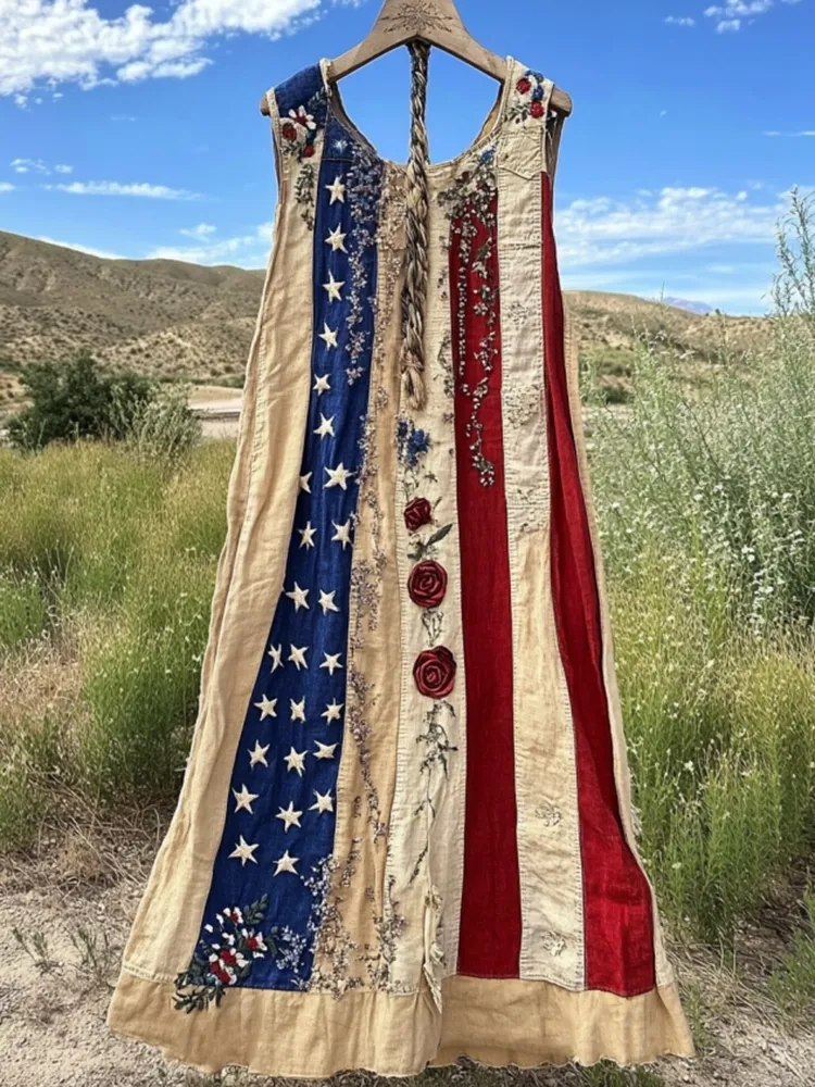 Vintage Independence Day Flower Inspire Linen Maxi Dress