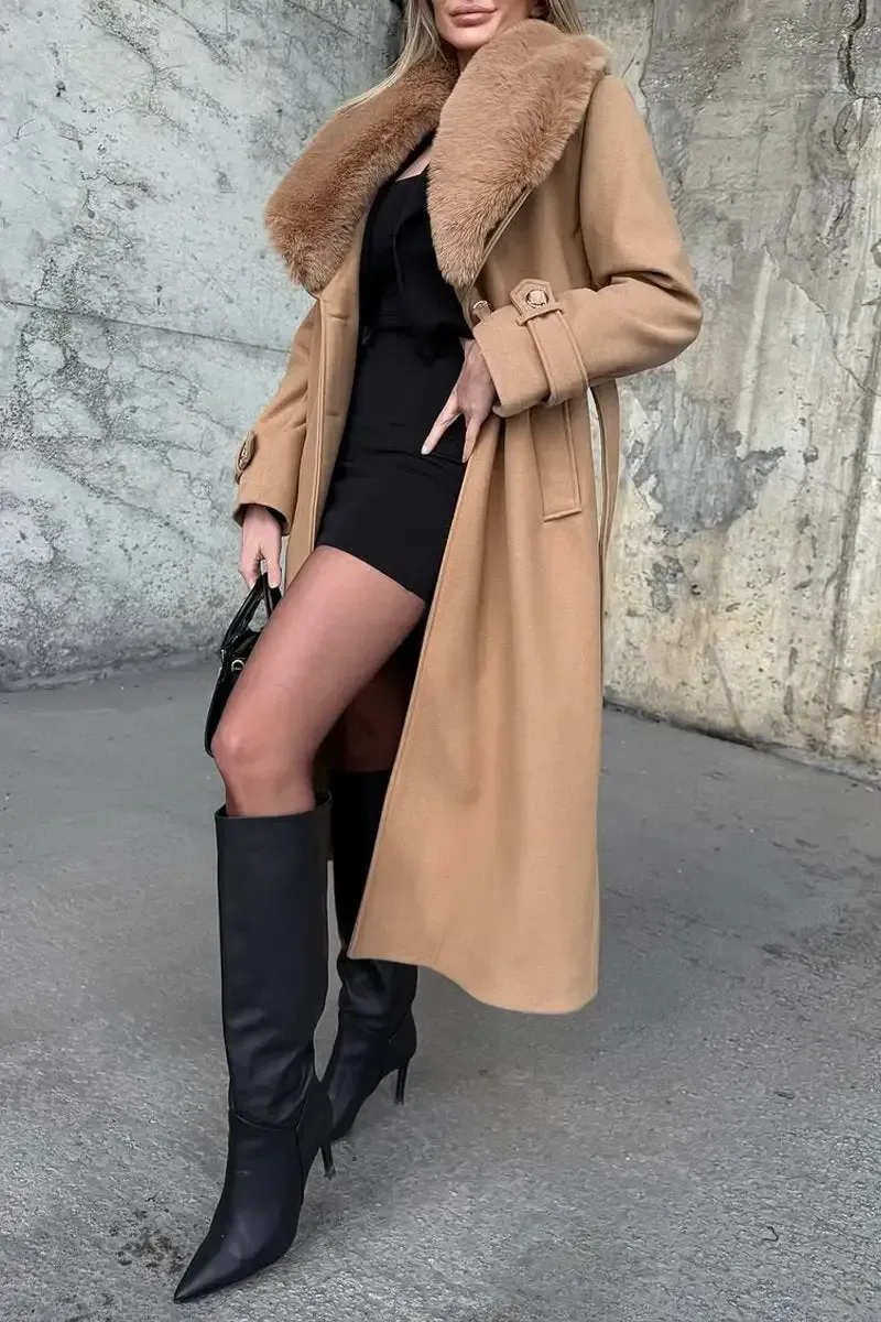 Women's Fashion Warm Fur Lapel Long Woolen Coat