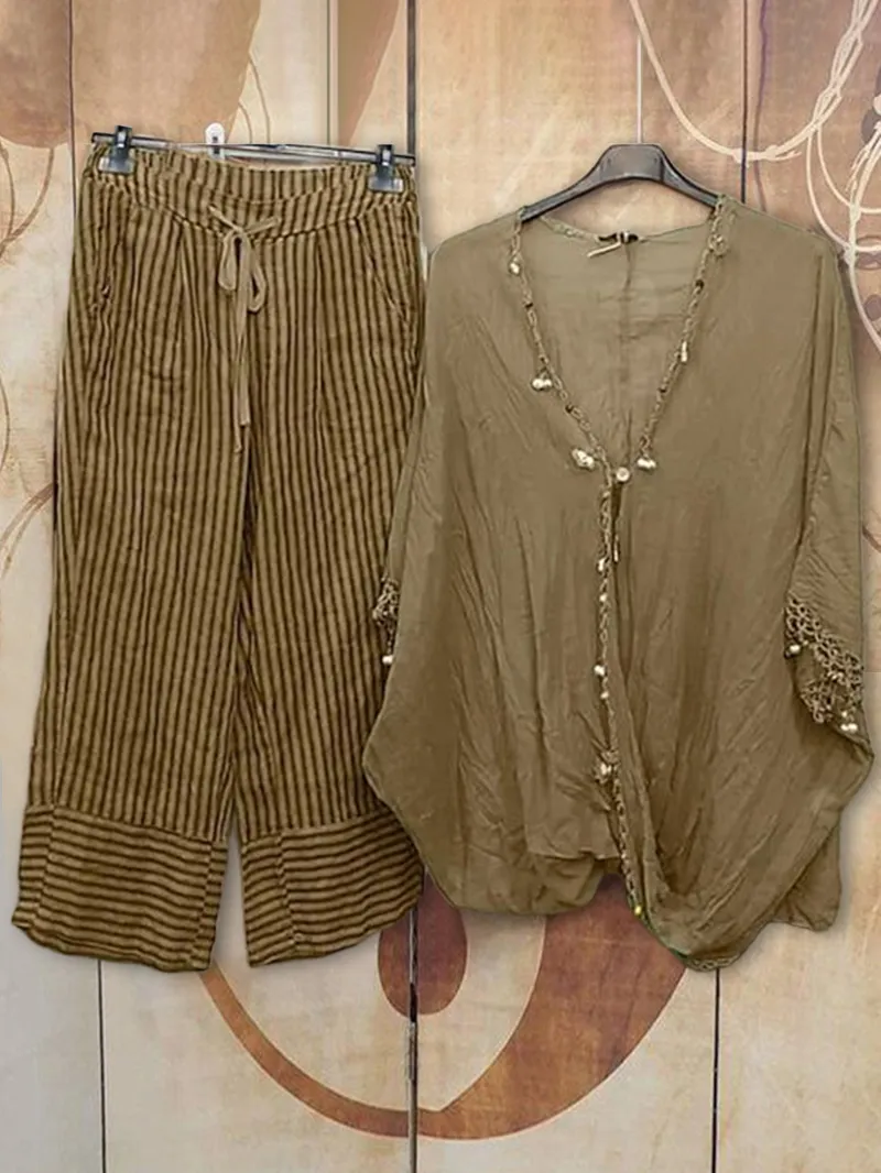 Striped shirt cotton linen pants two-piece set 01