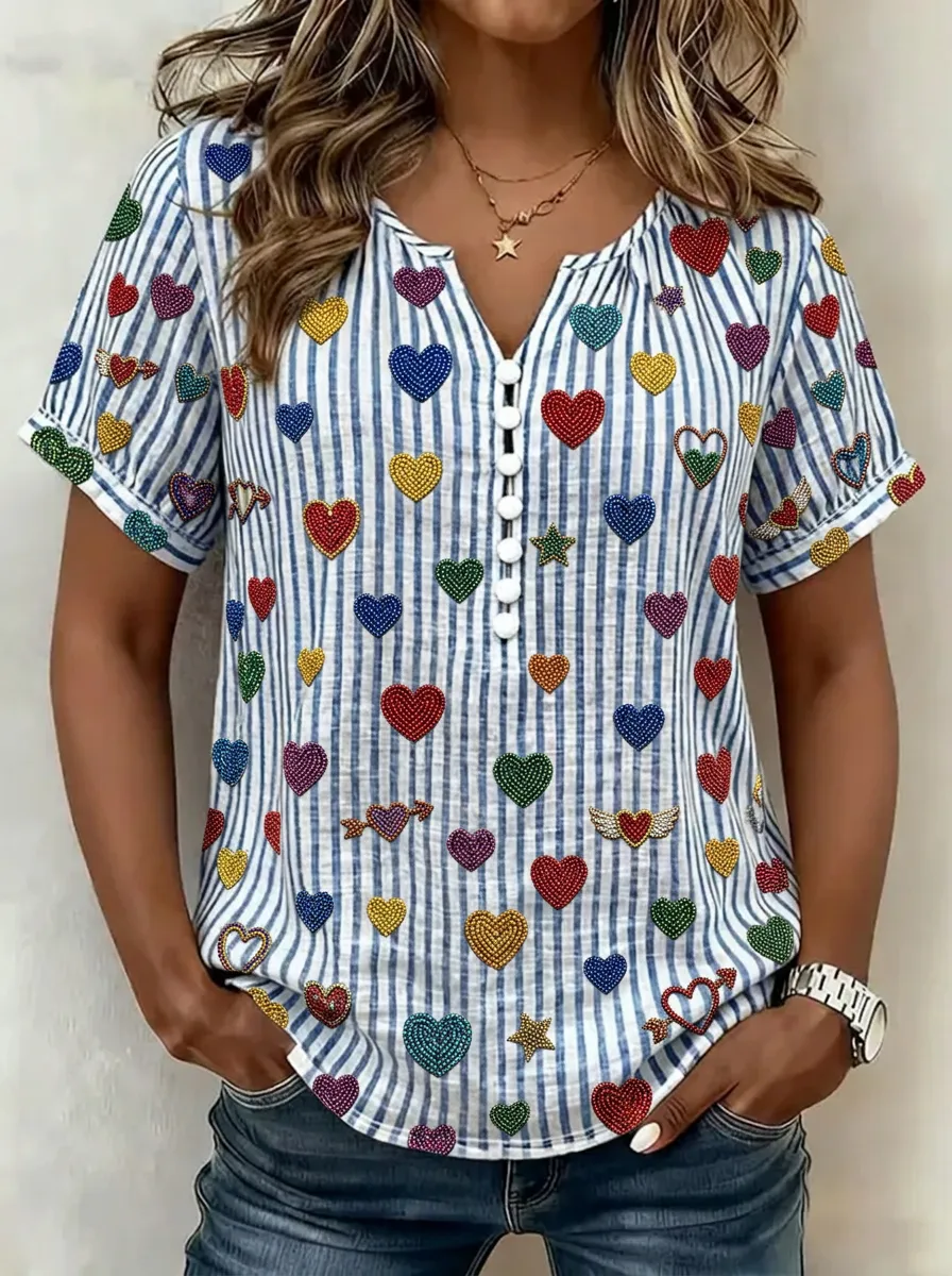 Women's Nashville Heart Lover Striped Pattern Printed V-Neck Top