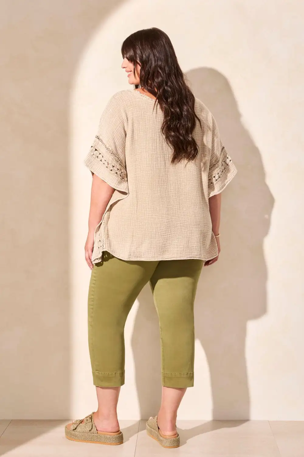 Vintage Wash Cotton Gauze Kaftan Blouse With Fancy Trim-Nudeolive