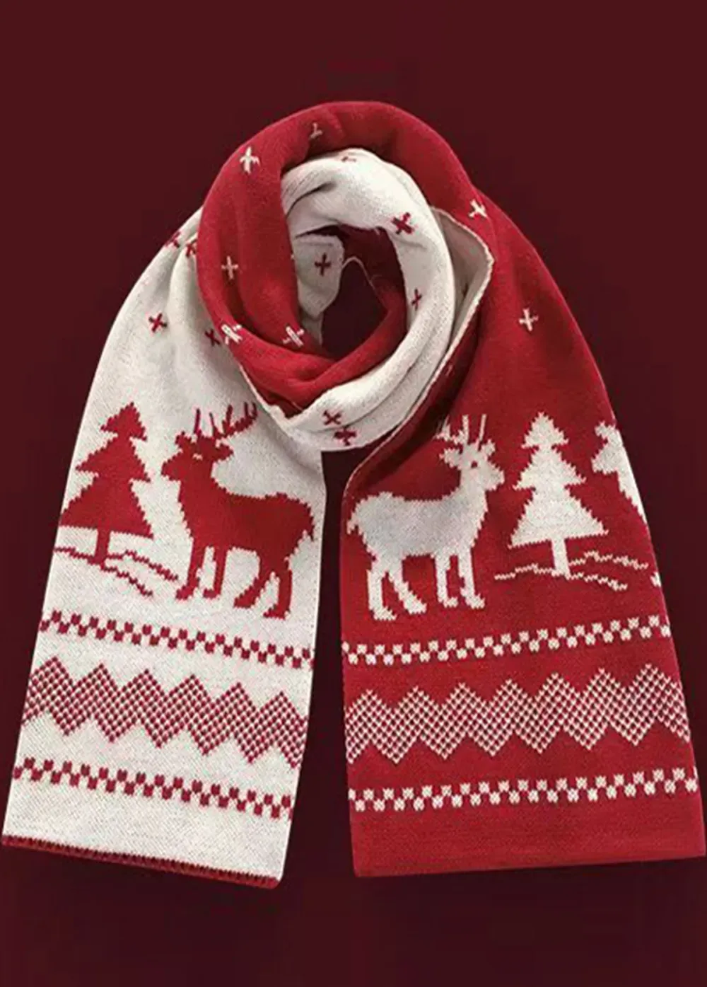 Christmas Wine Red Geometric Elk Print Scarf