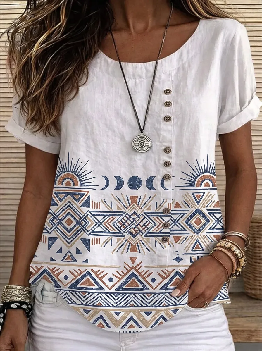 Women's Nashville Boho Moon Sun Geometric Printed Button Top