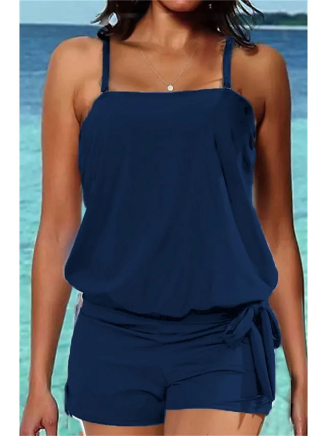 Women's Swimwear Tankini 2 Piece Normal Swimsuit 2 Piece High Waist Open Back Pure Color Green Black Blue Purple Dusty Blue Camisole Padded Strap Bathing Suits New Vacation Holiday / Modern