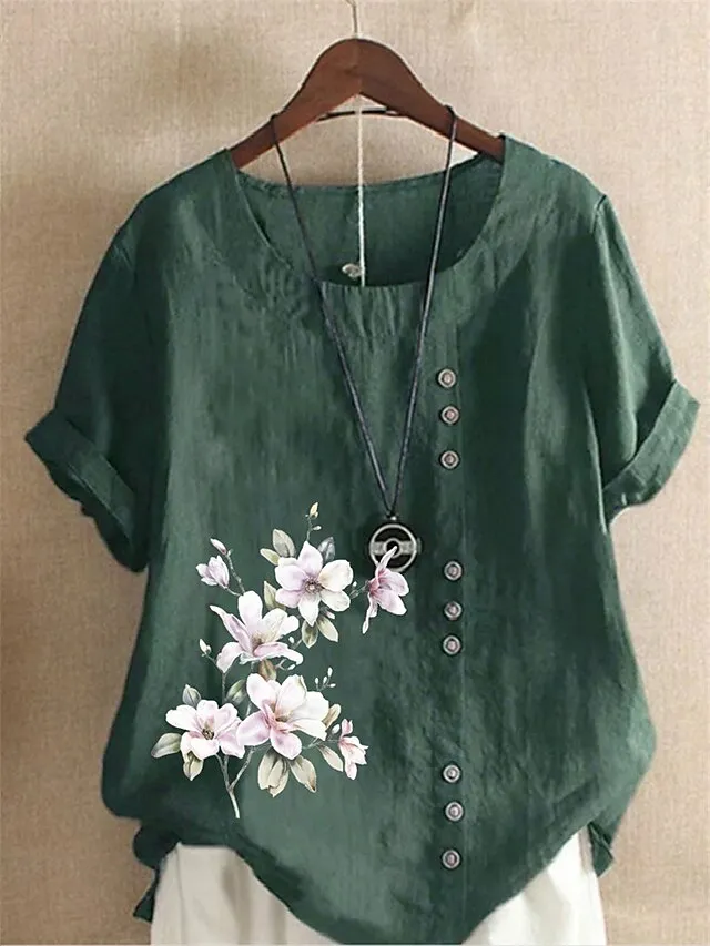 Women's Linen Shirt T shirt Tee Cotton Linen Navy Blue Blue Army Green Floral Button Print Short Sleeve Daily Vacation Going out Streetwear Crewneck Regular Fit Summer Spring