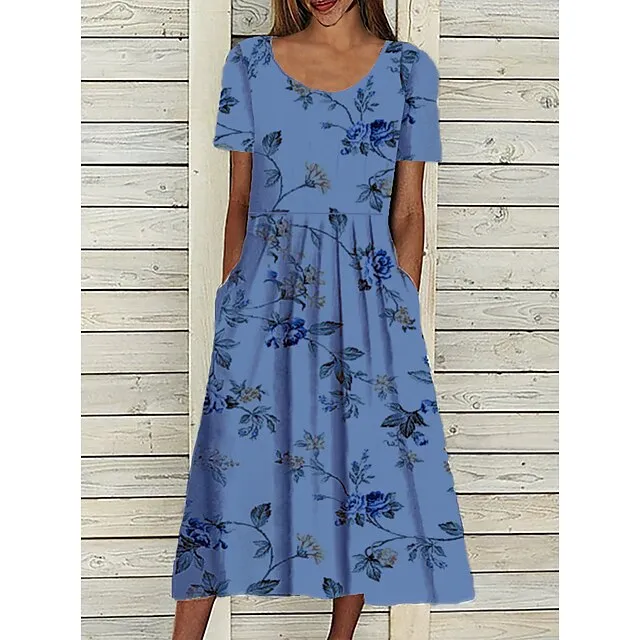 Women's Casual Dress Midi Dress White Blue Green Short Sleeve Floral Ruched Summer Spring Crew Neck Basic Loose Fit 2023 S M L XL XXL 3XL
