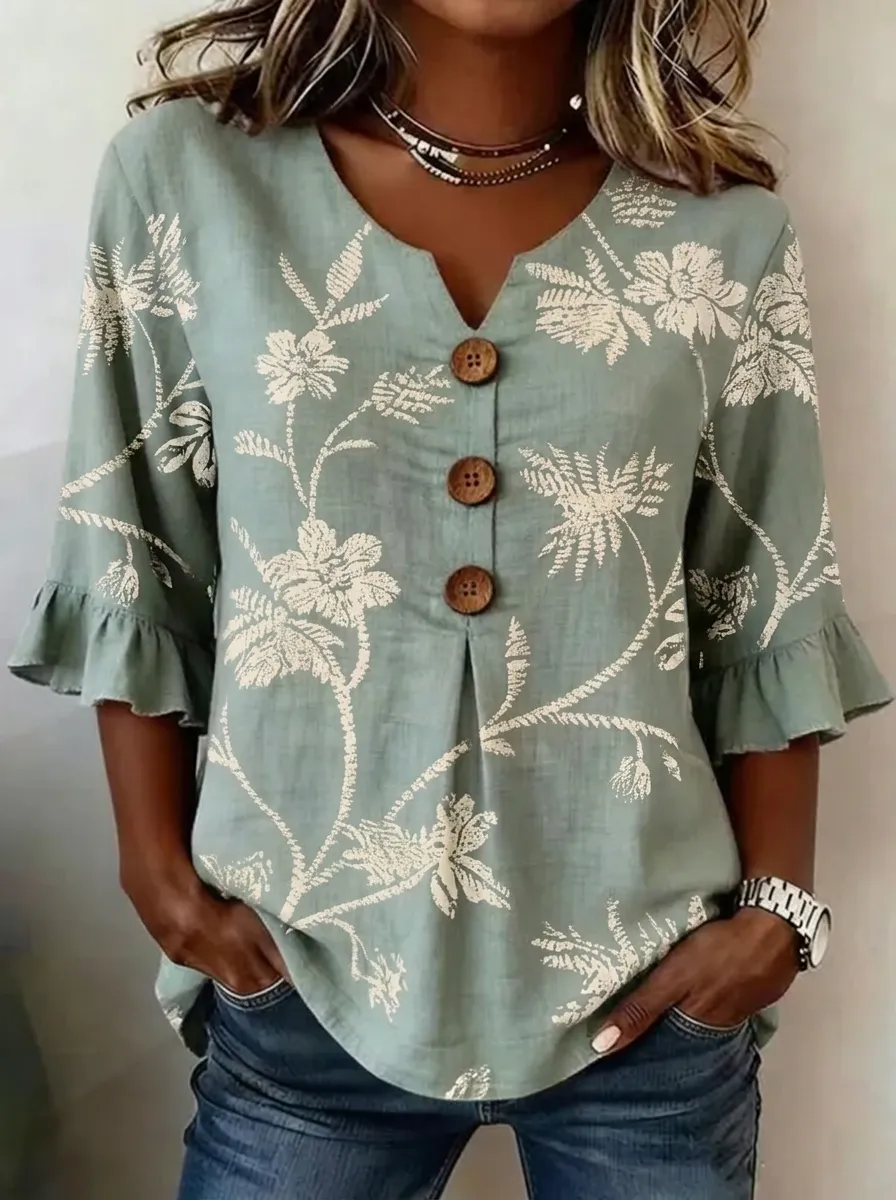 Women's Nashville Floral Botanical Printed Button V-Neck Top