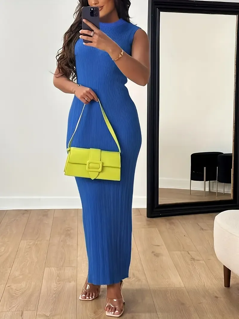 Women's Summer 2023 Fashion Casual Knit Sleeveless Crew Neck Bodycon Pencil Dress, Polyester 95% Spandex 5%, Solid Color Long Length Skinny Fit