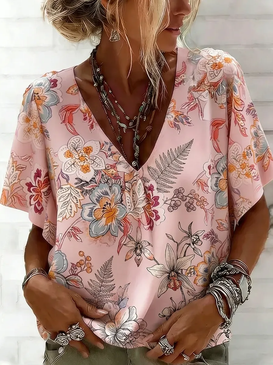 Women's Nashville Floral Botanical Printed V-Neck Top