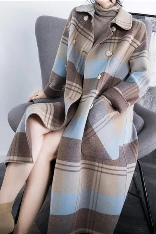 Double Breasted Plaid Long Coat