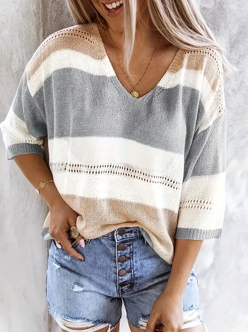 Women'S Casual Striped V-Neck Knit Top with Cut-Out Detail - Lightweight, Breathable, Perfect for Spring/Summer, Casual Attire|Striped Top|Vneck Top