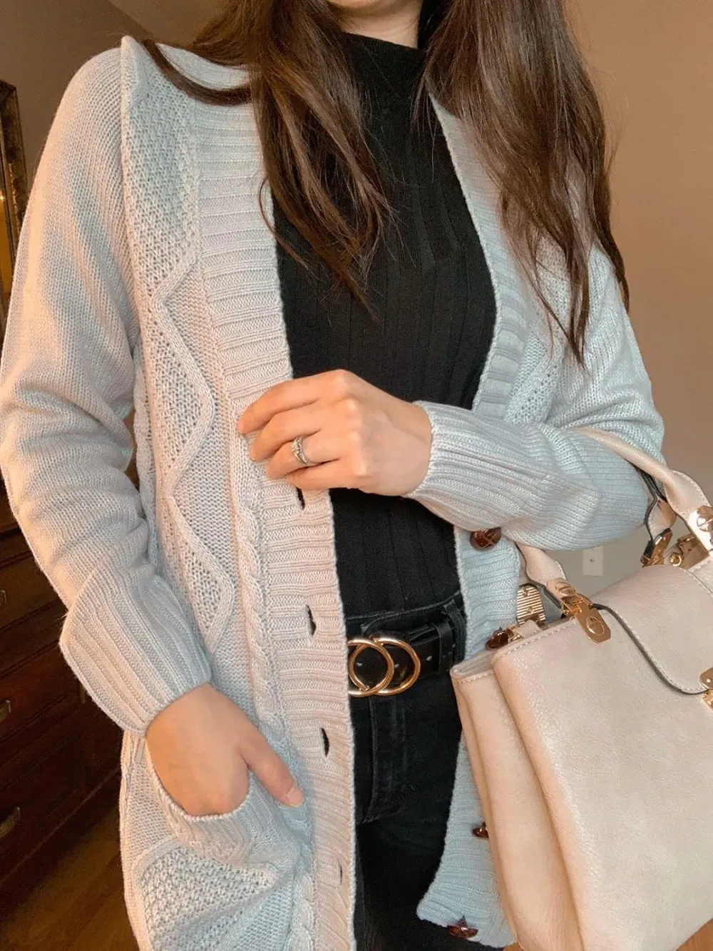 Womens Long Sleeve Open Front Buttons Cable Knit Pocket Sweater Cardigan