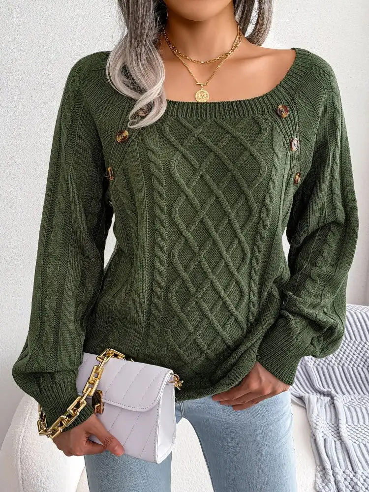 Women's Sweaters Square Neck Button Long Sleeve Sweater