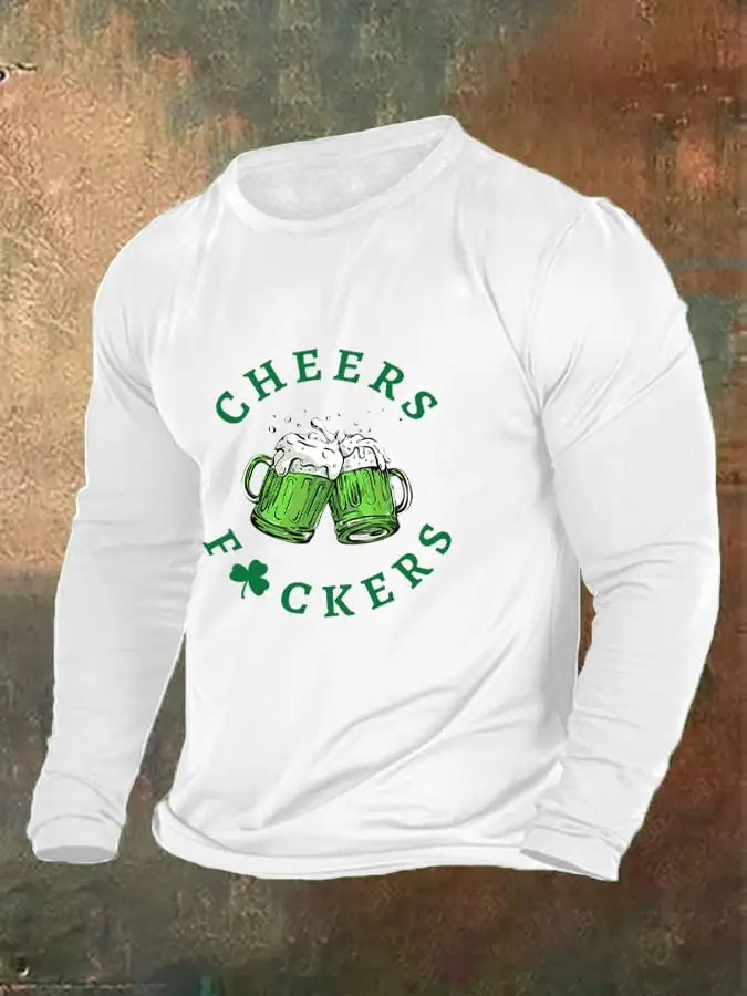 Men's Funny St. Patrick's Day Cheers Green Beer Shamrock Casual Long Sleeve T-Shirt