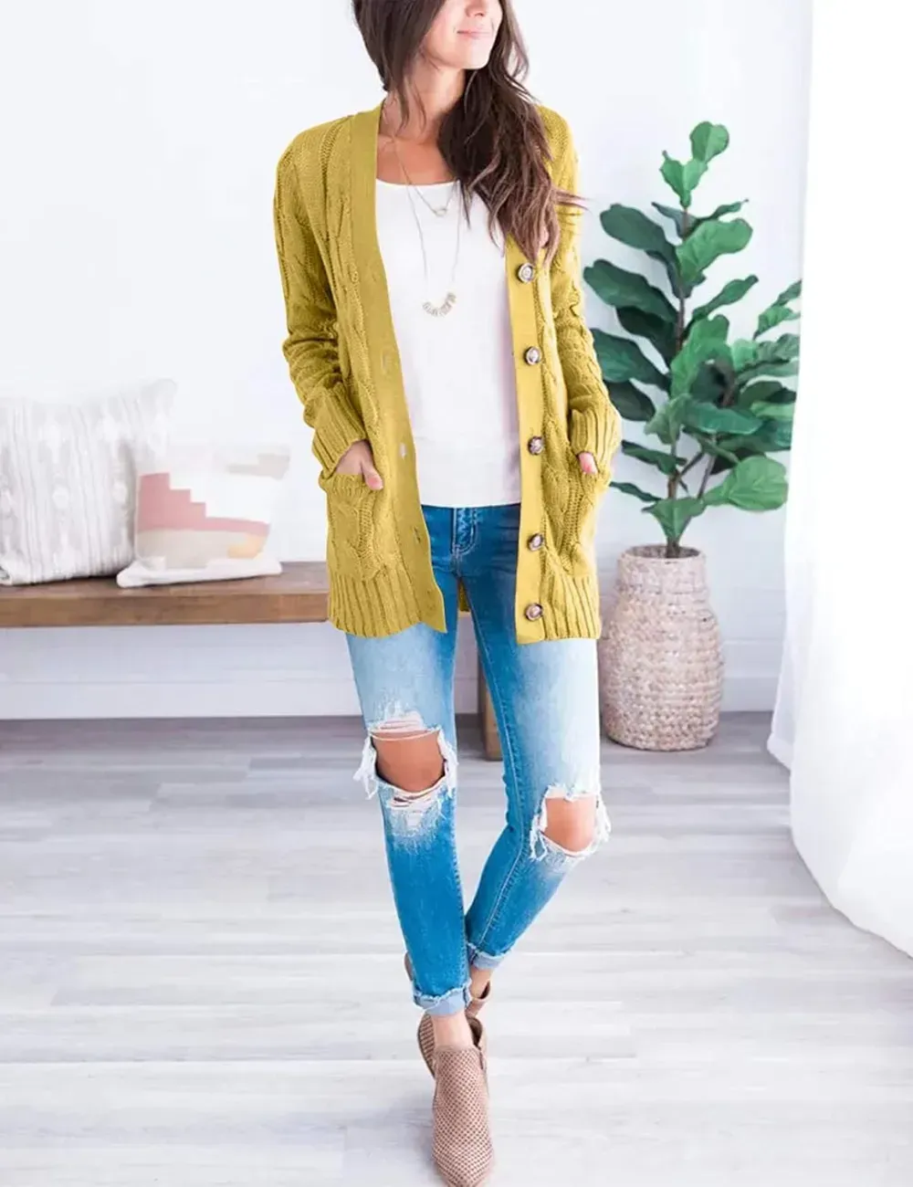 MEROKEETY Women's 2024 Fall Long Sleeve Cable Knit Sweater Open Front Cardigan Button Loose Outerwear