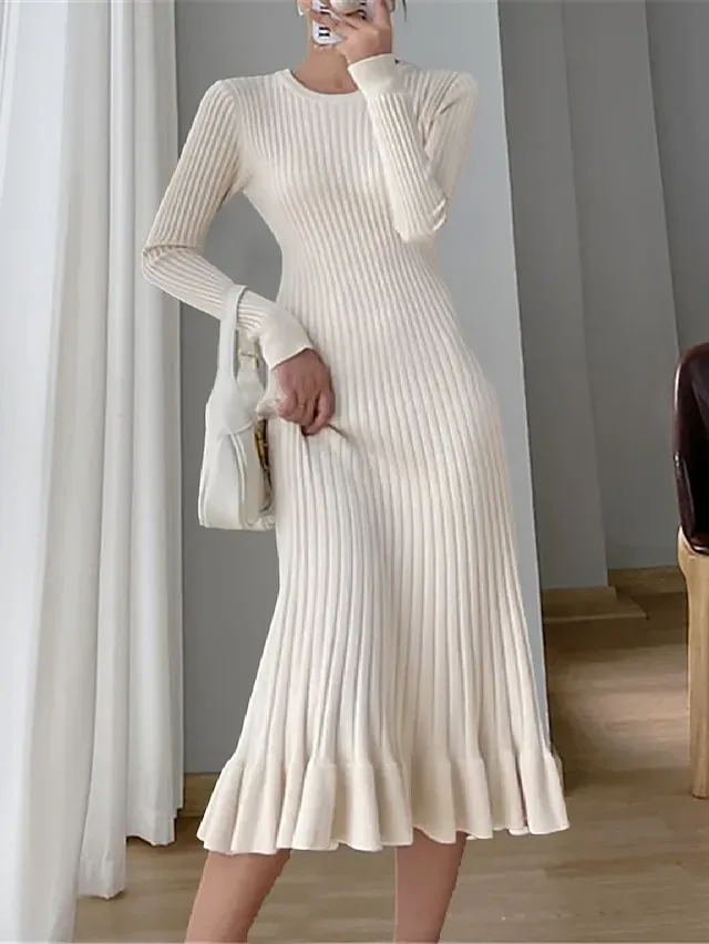 Women's Sweater Dress Knit Dress Jumper Dress Midi Dress Knitwear Elegant Fashion Pure Color Outdoor Daily Vacation Going out Crew Neck Long Sleeve Ruffle Patchwork 2023 Regular Fit Black Pink Beige