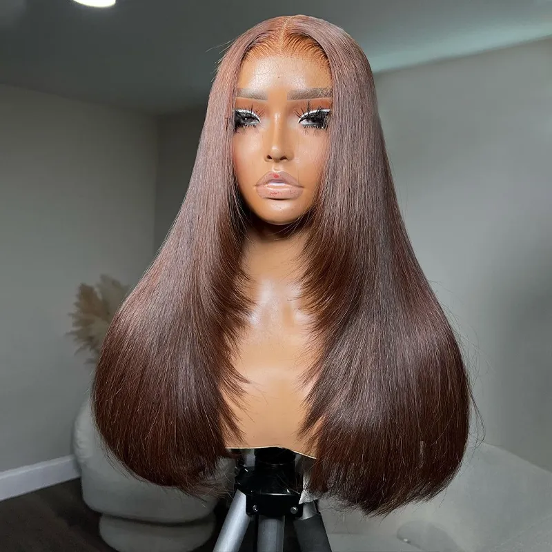 Chocolate Brown Raw Hair Super Double Drawn Layered 13×6 Straight Human Hair Wigs 250% Density