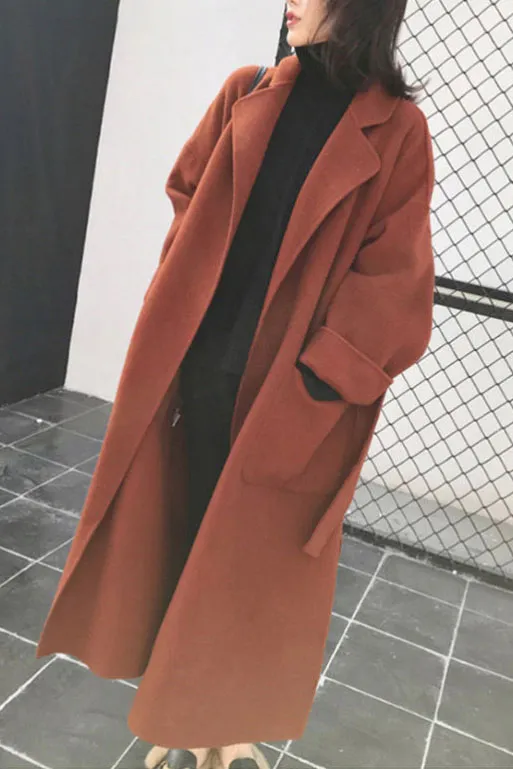 Front Pockets Lapel Faux Woolen Coat