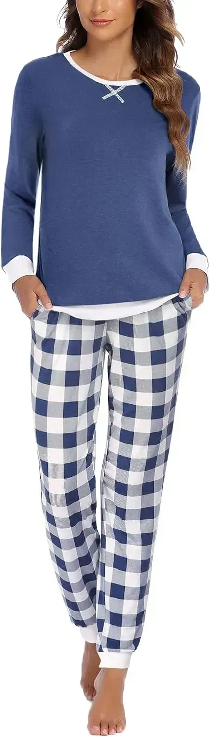 Women's Pajamas Sets Long Sleeve with Plaid Pants Soft Sleepwear O Neck 2 Piece Pjs Joggers Loung Set with Pockets