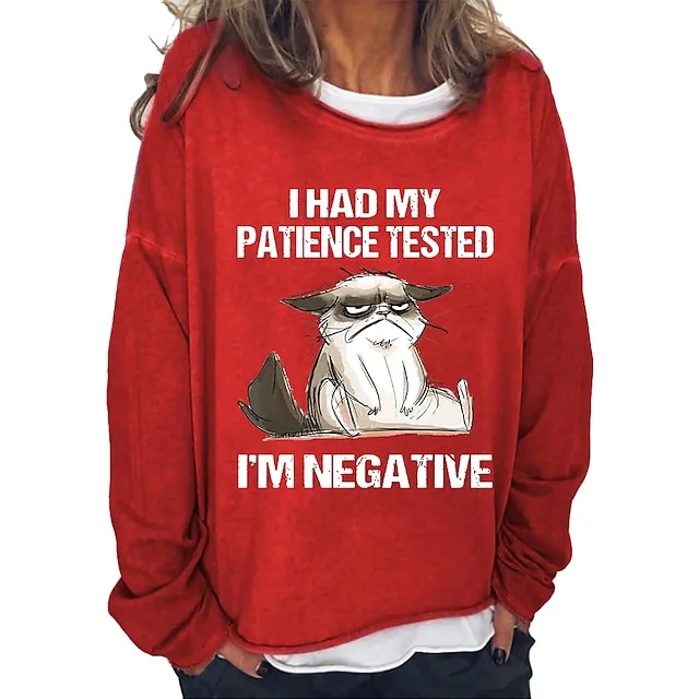 Women's Sweatshirt Pullover Active Sports Streetwear Black Pink Red Cat I HAD MY PATIENCE TESTED Oversized Sports Round Neck Long Sleeve Micro-elastic Fall & Winter
