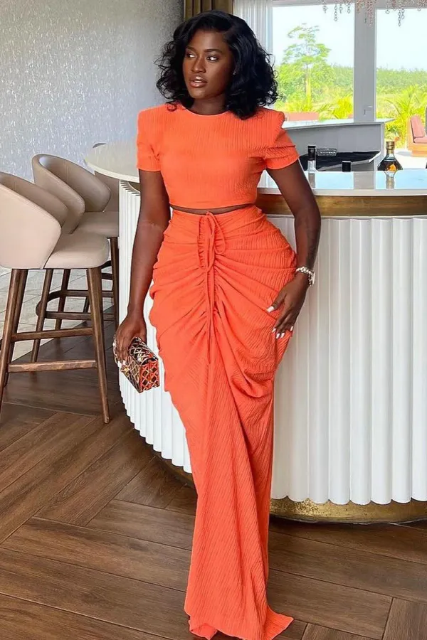 Short Sleeve Top Ruched Fishtail Maxi Skirt Party 2pcs Set-Orange