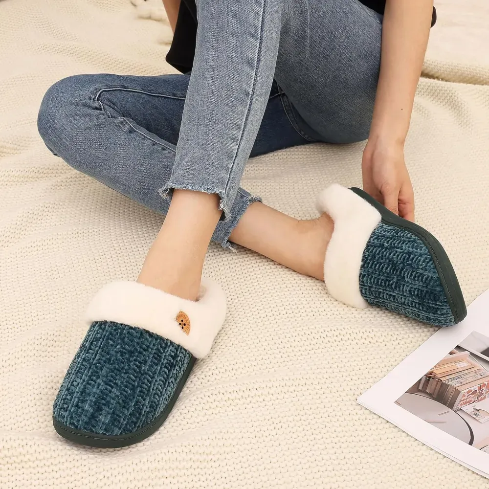 Warm Knit House Slippers for Women Comfy Wool-Like Lined Chenille Slippers with Memory Foam and Indoor Outdoor Soles