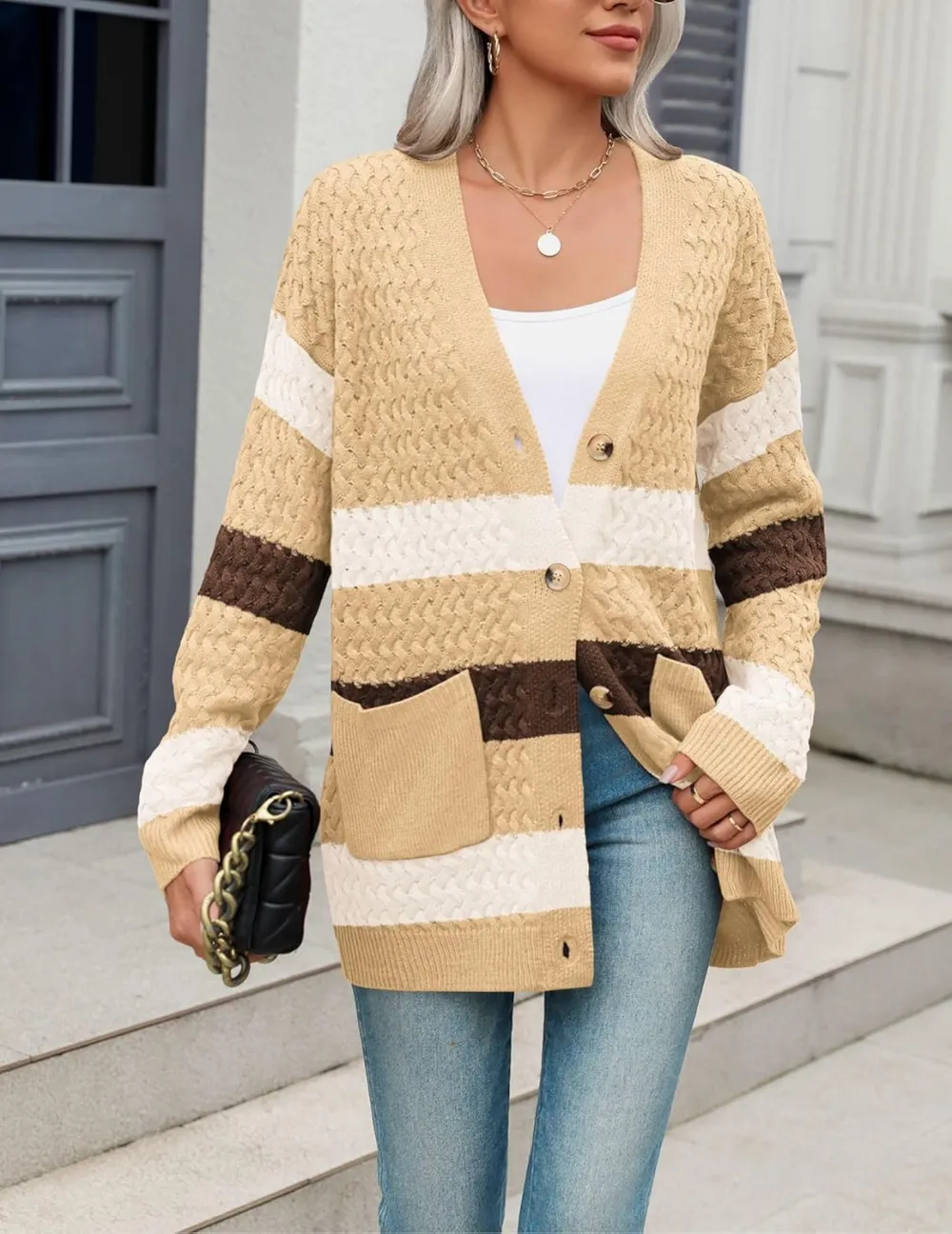 Womens 2024 Long Sleeve Chunky Cable Knit Fall Cardigans Sweaters Button Down Open Front Outerwear with Pockets