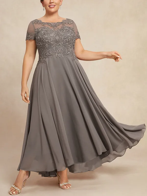 Round Neck Lace Short Sleeve Midi Dress