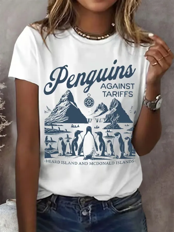 Women'S T-Shirt Women'S Penguin Fin Printed Round Neck T-Shirt Printed Short Sleeve
