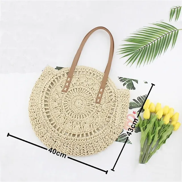 Women's Tote Straw Bag Straw Daily Holiday Solid Color Bohemian Style Brown Beige