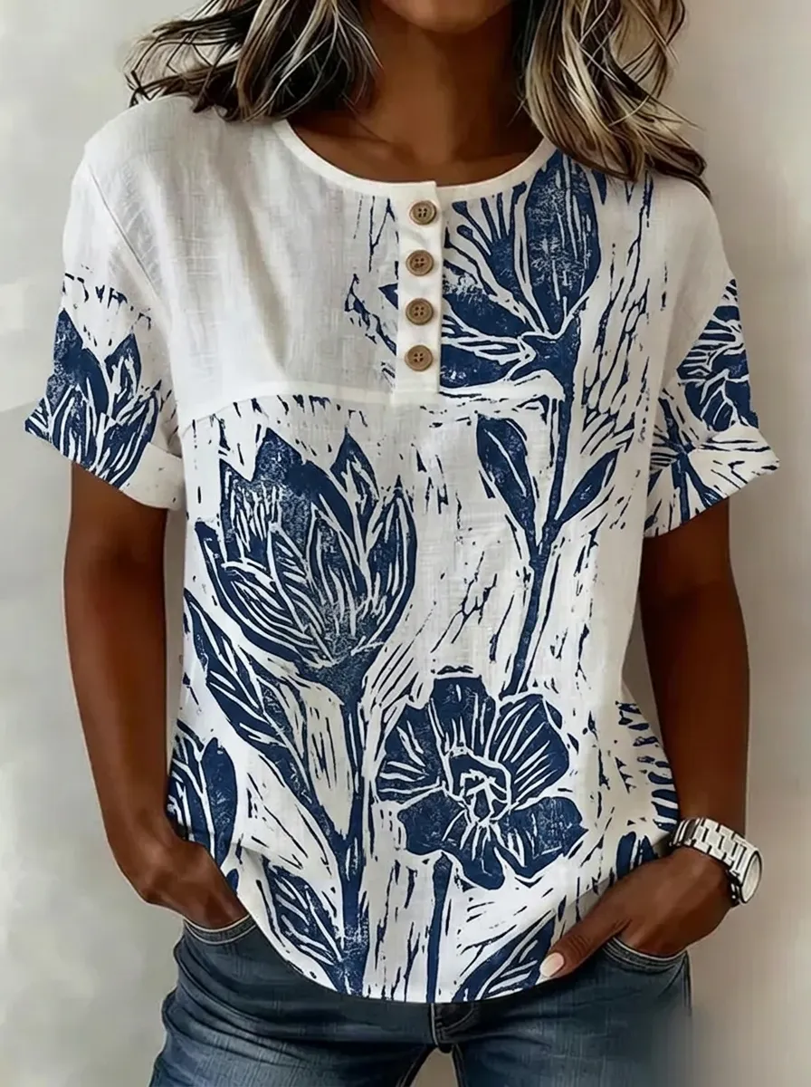 Women's Nashville Floral Art Blue White Printed Henley Top