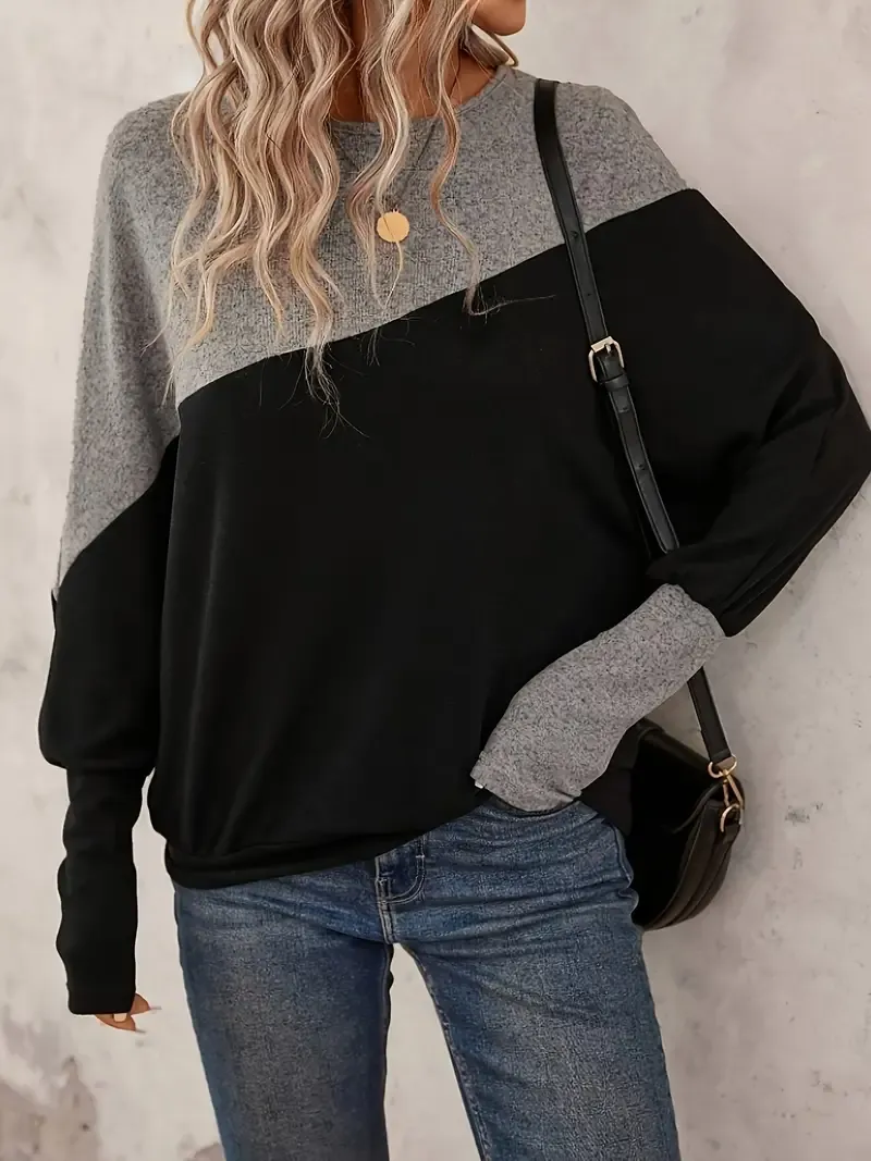 Color-Blocked Long-Sleeve Crew Neck Top