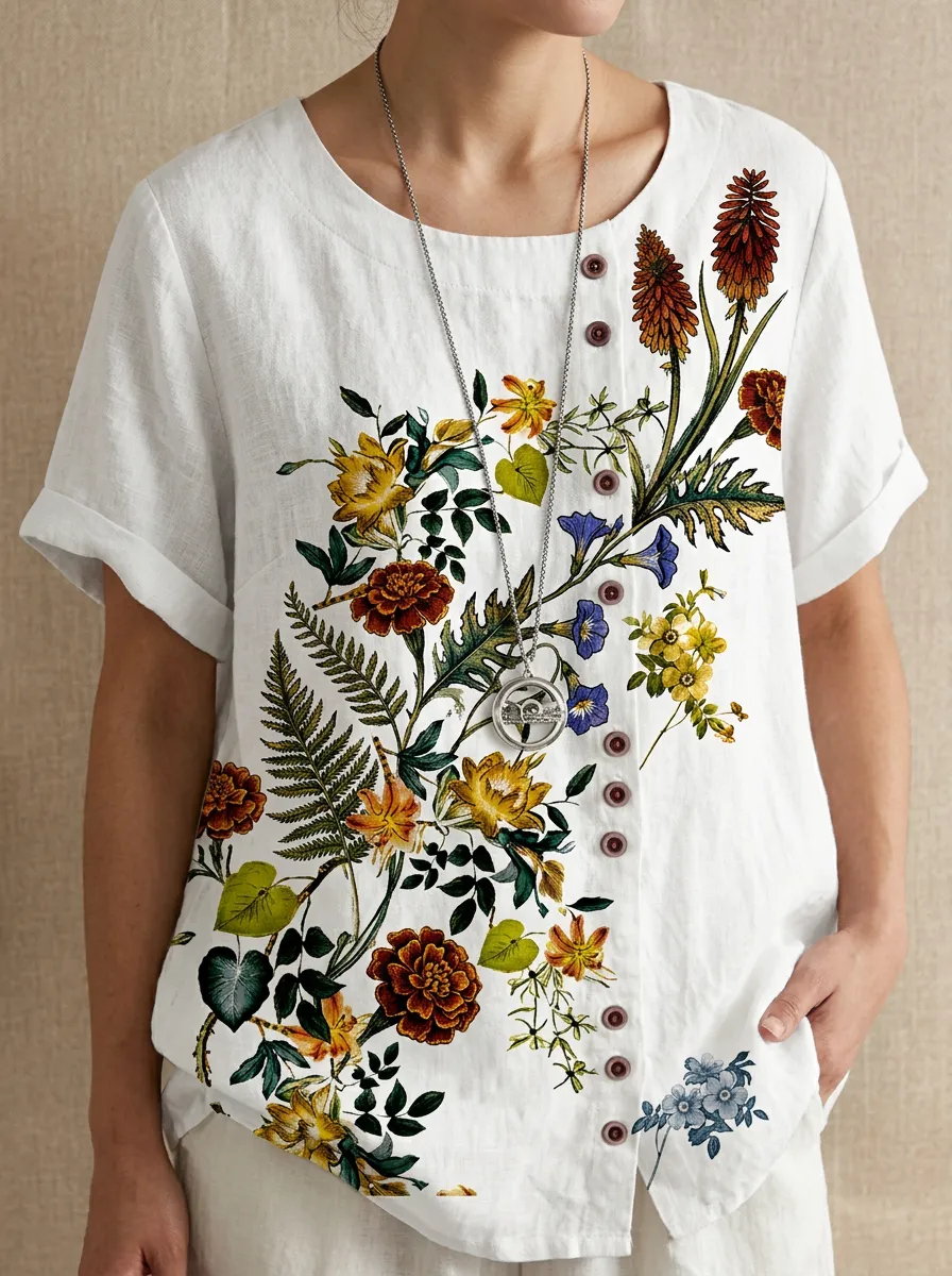 Women's Nashville Botanical Floral Printed Linen Button-Up Top