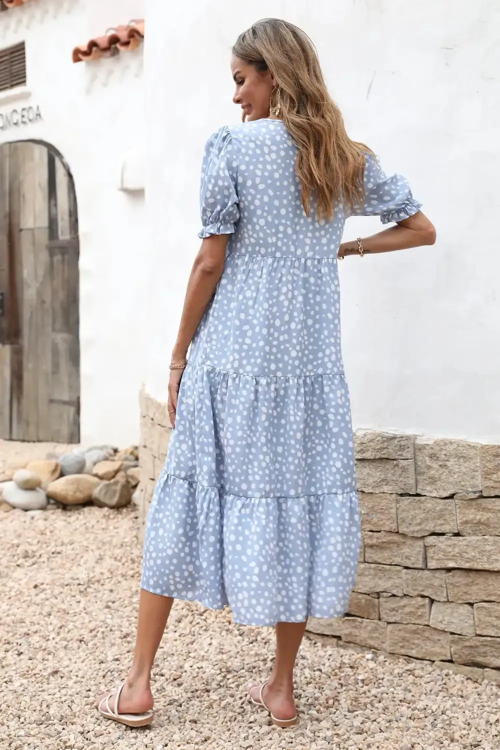 Floral Print Ruffle Puff Sleeve High Waist Midi Dresses