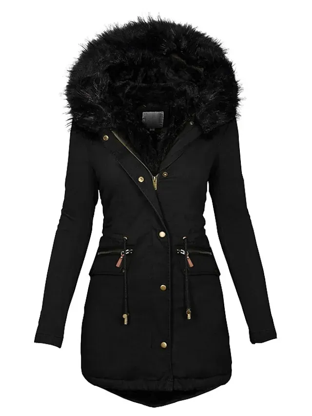 Women's Winter Coat Fleece Lined Puffer Jacket Drawstring Hooded Parka Thermal Warm Heated Jacket with Poackets Fall Long Coat Windproof