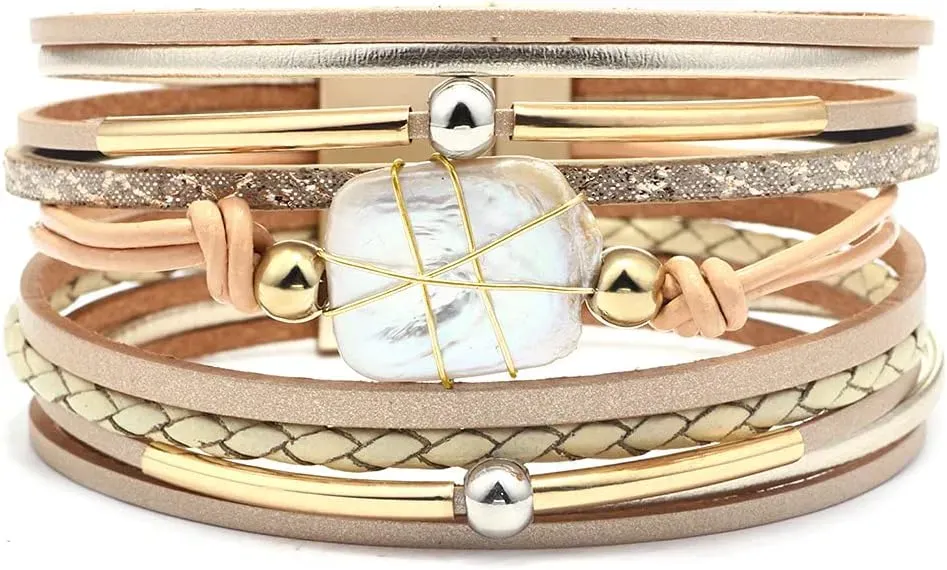 Fesciory Leather Wrap Bracelets for Women, Boho Leopard Multi-Layer Crystal Beads Cuff Bracelet Jewelry