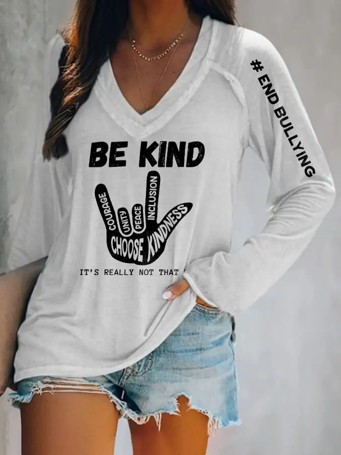 V-Neck Retro Pink Shirt Day Anti-Bullying Be Kind It's Really Not That Hard Love Hand Sign End Bullying Print T-Shirt