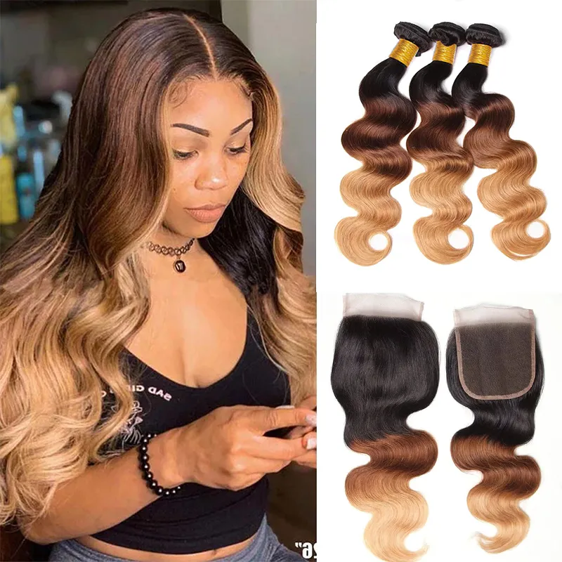 Sterly Colored Body Wave Bundles With 5×5 Lace Closure T1B/4/27 Ombre Human Bundles With 13x6 Lace Frontal