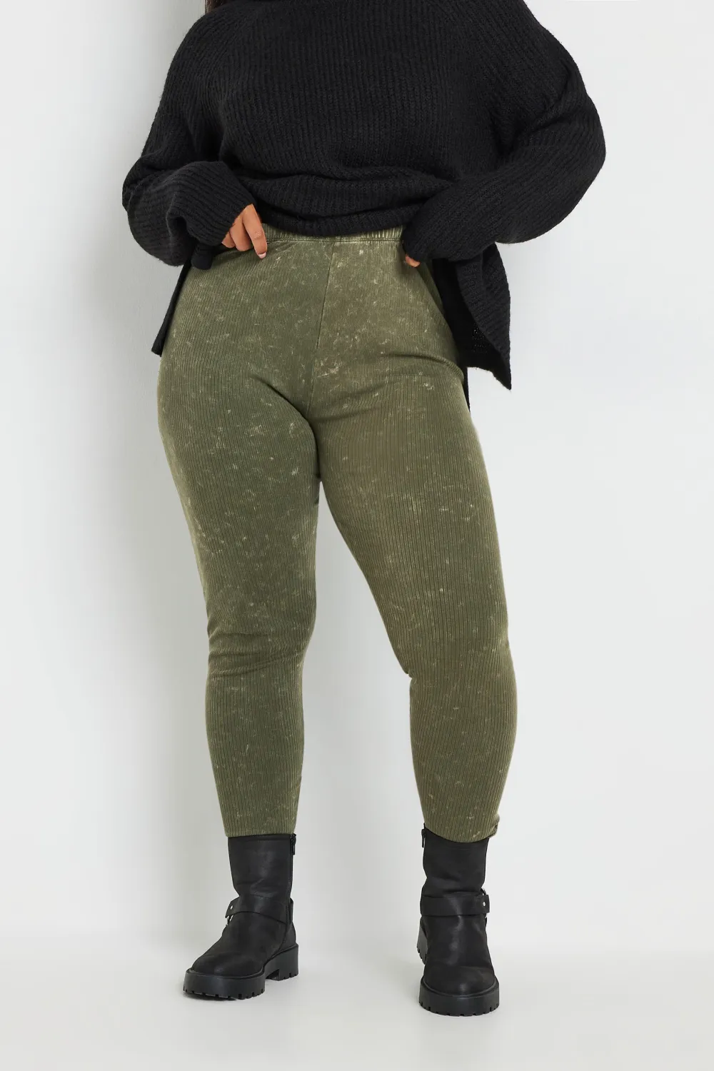 YOURS Curve Khaki Green Acid Wash Ribbed Leggings