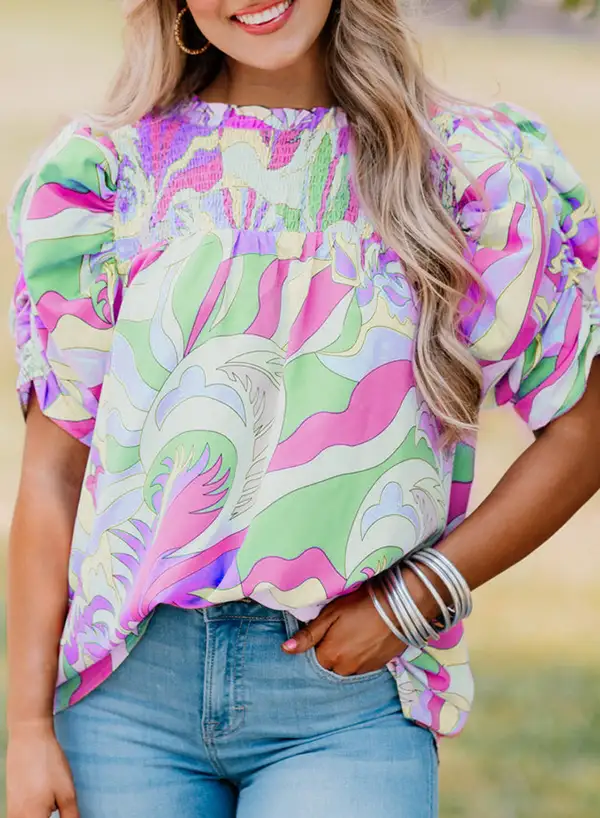 Everyday Abstract Print Smocked Puff Sleeve Blouse