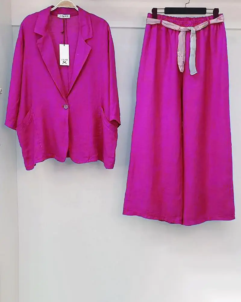 Buttoning Solid Color Jacket Over Wide Leg Pants Two-Piece Set