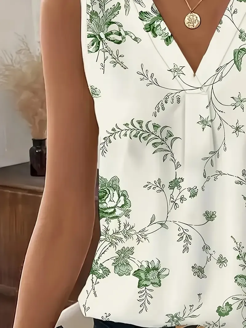 Women'S Floral Print Sleeveless V-Neck Vest, Elegant Polyester Knit Fabric, Regular Fit, Stretch Pullovers for Spring/Summer/Fall, Casual Weekend Wear
