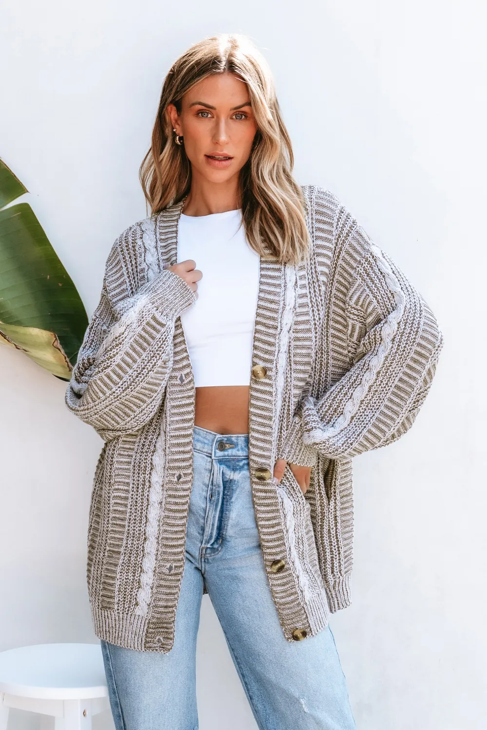 Brown Cable Knit Long Sleeve Longline Cardigan